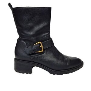 Sole Society Jorryn Buckle Moto Srapt Block Heel Zipper Boot Leather Black 6.5